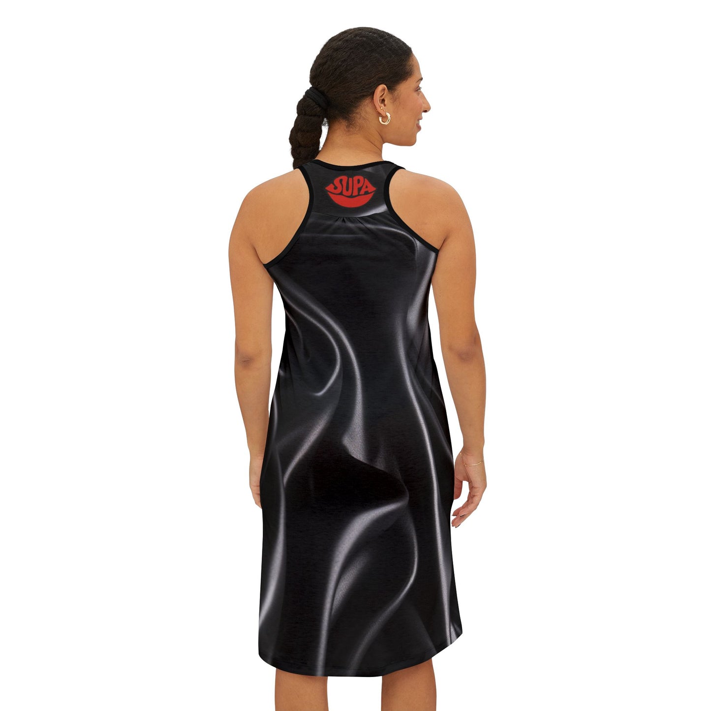 Satin-Effect Racerback Dress — Black Liquid Silk Print