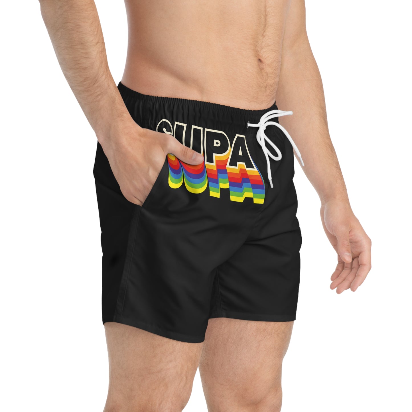 Retro Rainbow 'SUPA' Swim Trunks - Black Beach Shorts