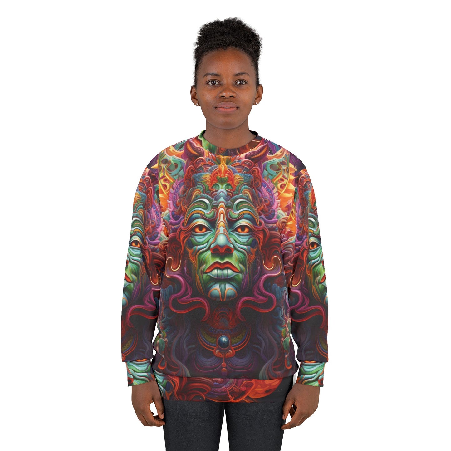 Psychedelic Tribal Spirit Sweatshirt – Vibrant Mystic Face All-Over Print