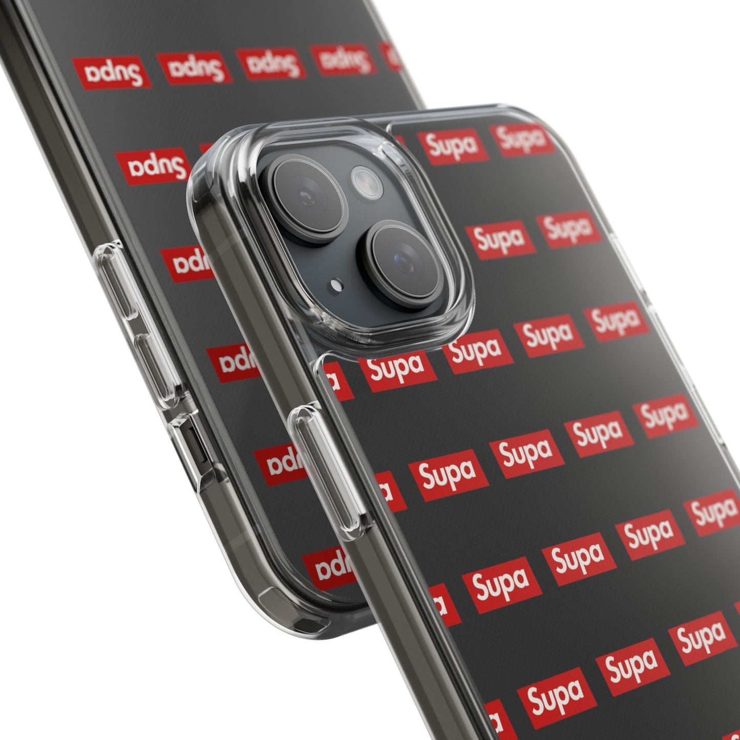 Clear Impact-Resistant Phone Case — Red "Supa" Logo Pattern
