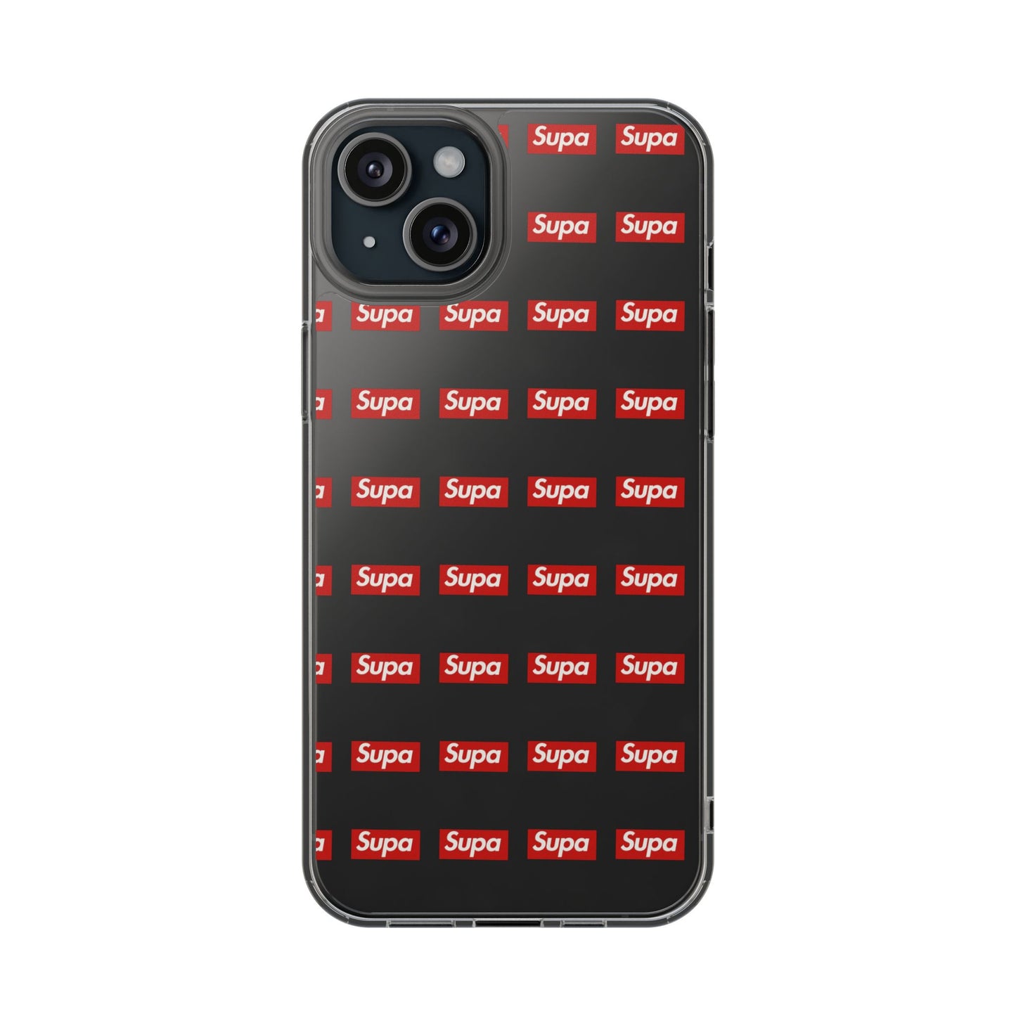 Clear Impact-Resistant Phone Case — Red "Supa" Logo Pattern