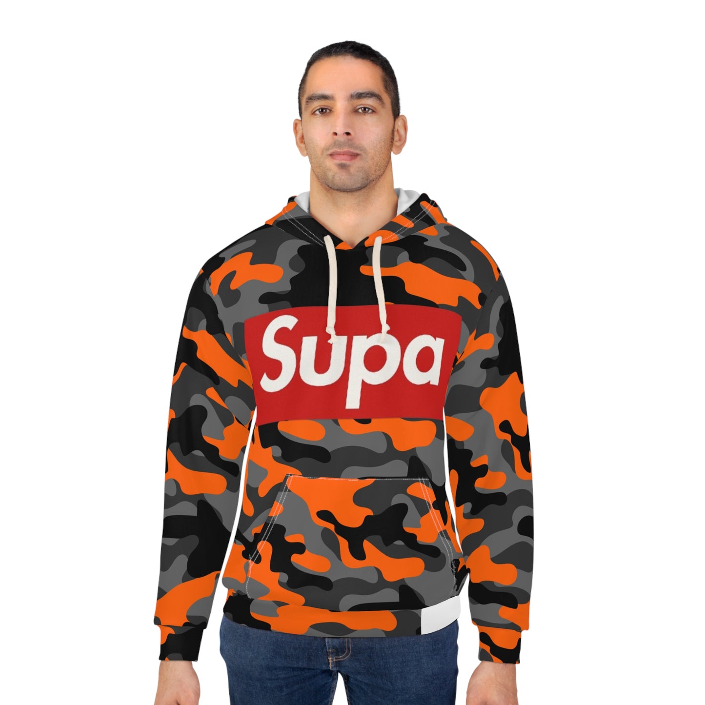 Orange & Black Camo Hoodie — All-Over Print Pullover