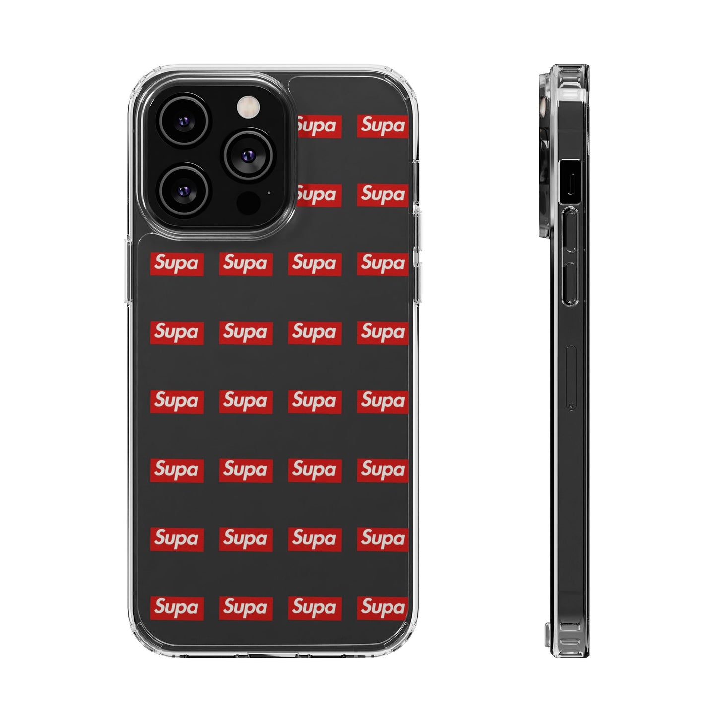 Clear Impact-Resistant Phone Case — Red "Supa" Logo Pattern