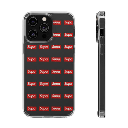 Clear Impact-Resistant Phone Case — Red "Supa" Logo Pattern