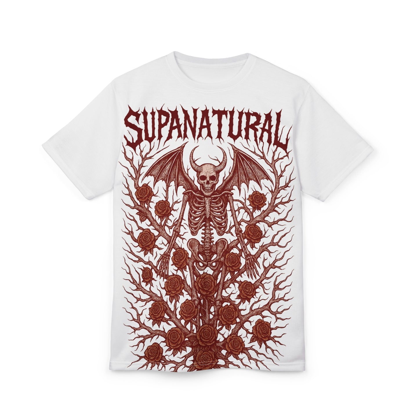 Supanatural Skeleton Wings Tee — Gothic Skull & Rose All-Over Print