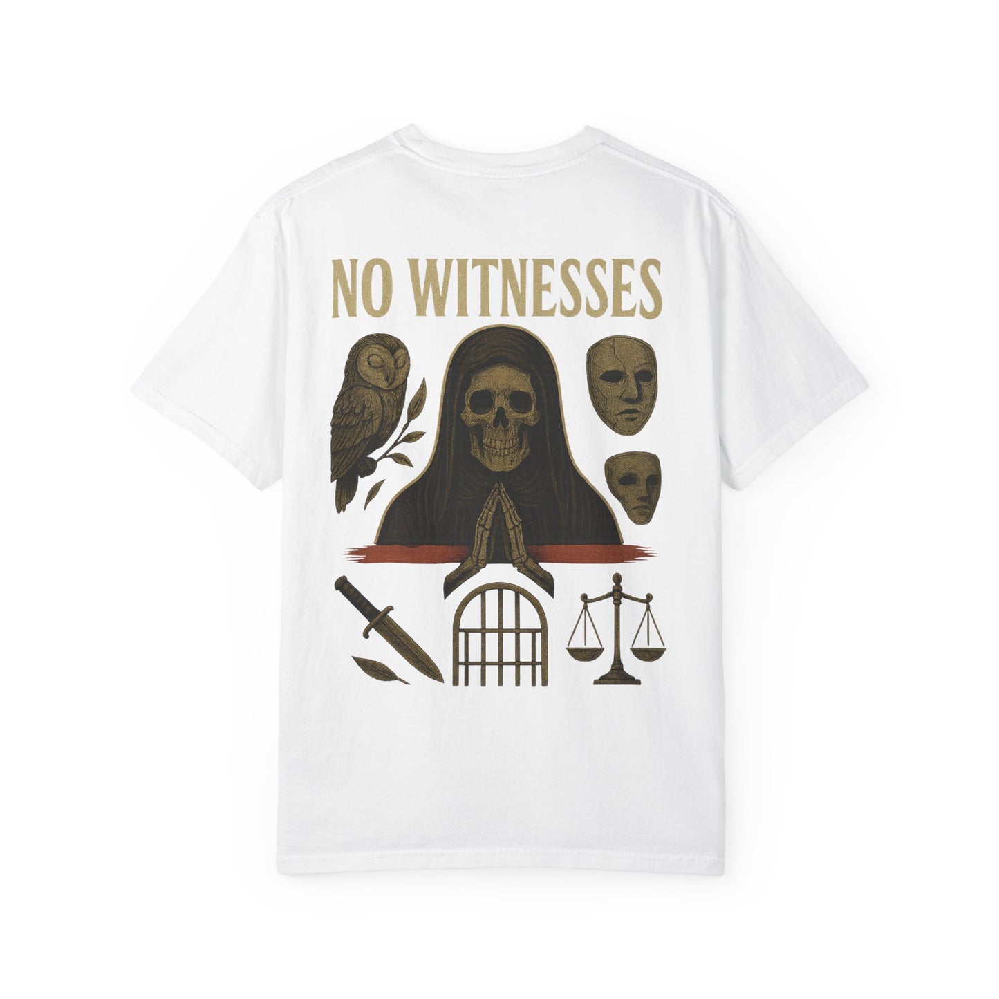 No Witnesses Graphic T-Shirt — 'Supa' Chest Logo, Gothic Skull Back Art