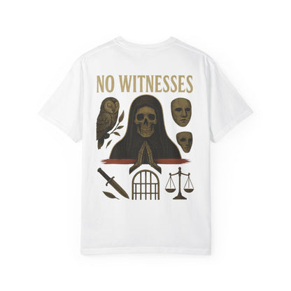 No Witnesses Graphic T-Shirt — 'Supa' Chest Logo, Gothic Skull Back Art