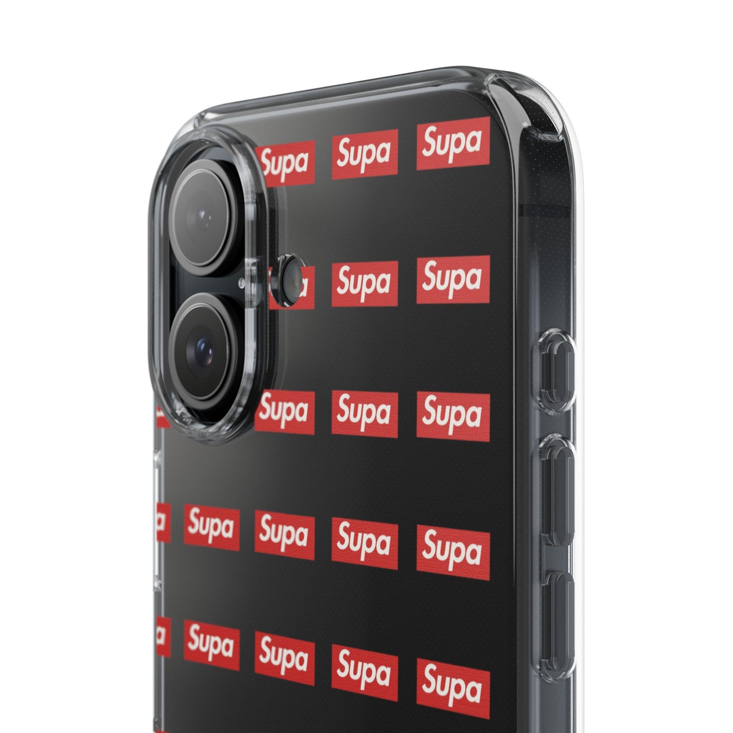 Clear Impact-Resistant Phone Case — Red "Supa" Logo Pattern