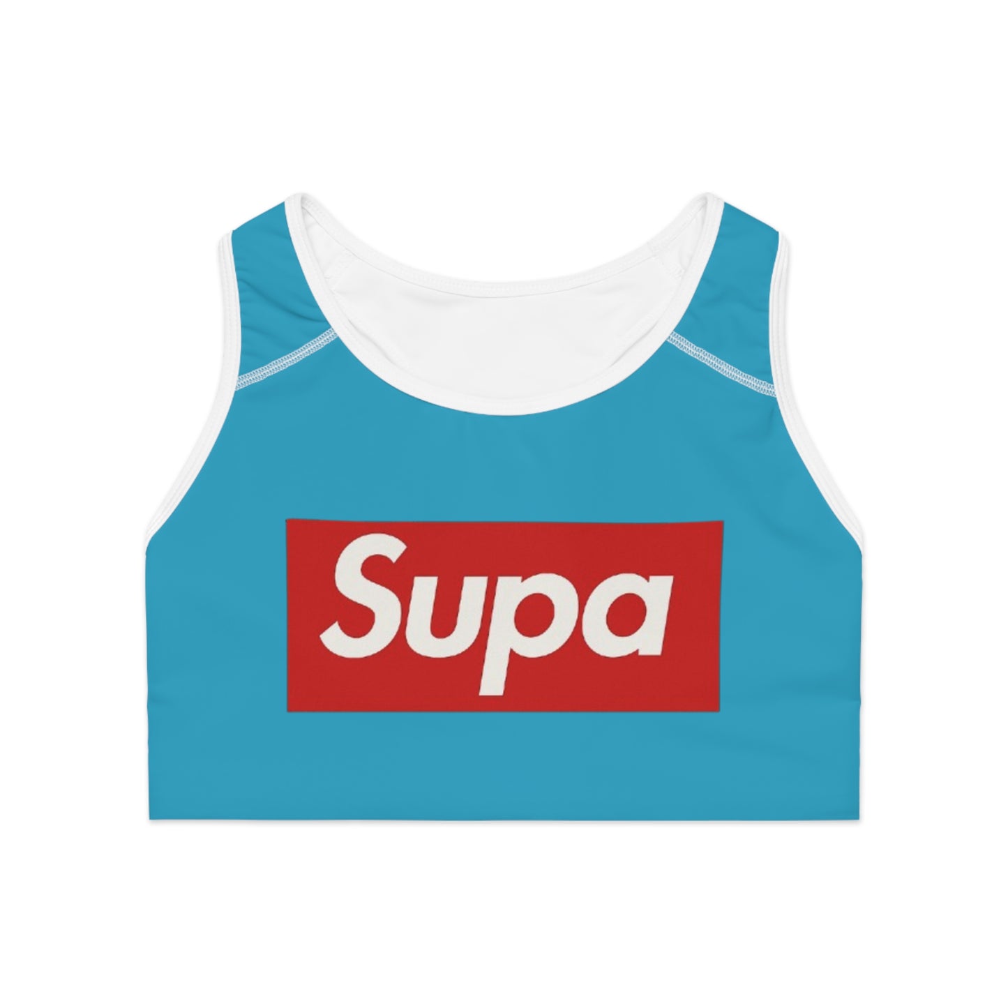 Supa Logo Blue Athletic Sports Bra — Retro Streetwear Active Crop Top