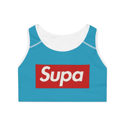 Supa Logo Blue Athletic Sports Bra — Retro Streetwear Active Crop Top
