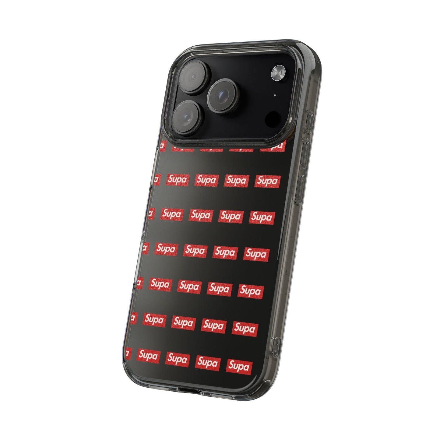 Clear Impact-Resistant Phone Case — Red "Supa" Logo Pattern