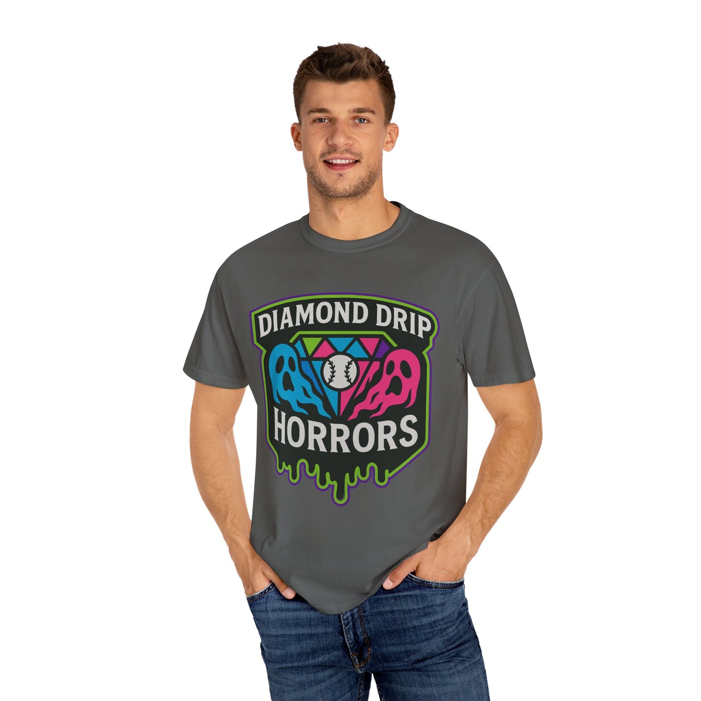 Diamond Drip Horrors T-Shirt — Retro Baseball Horror Graphic Tee