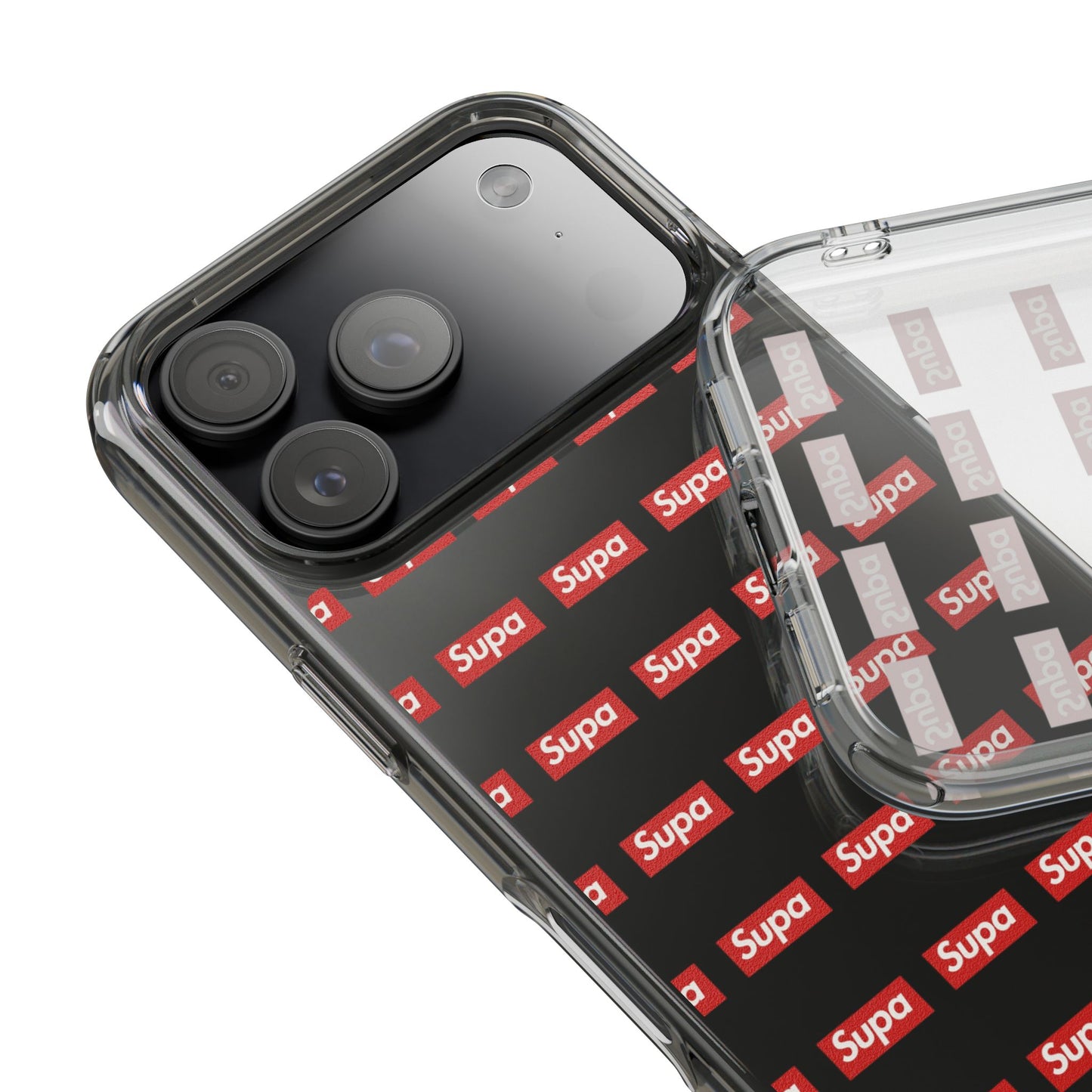 Clear Impact-Resistant Phone Case — Red "Supa" Logo Pattern