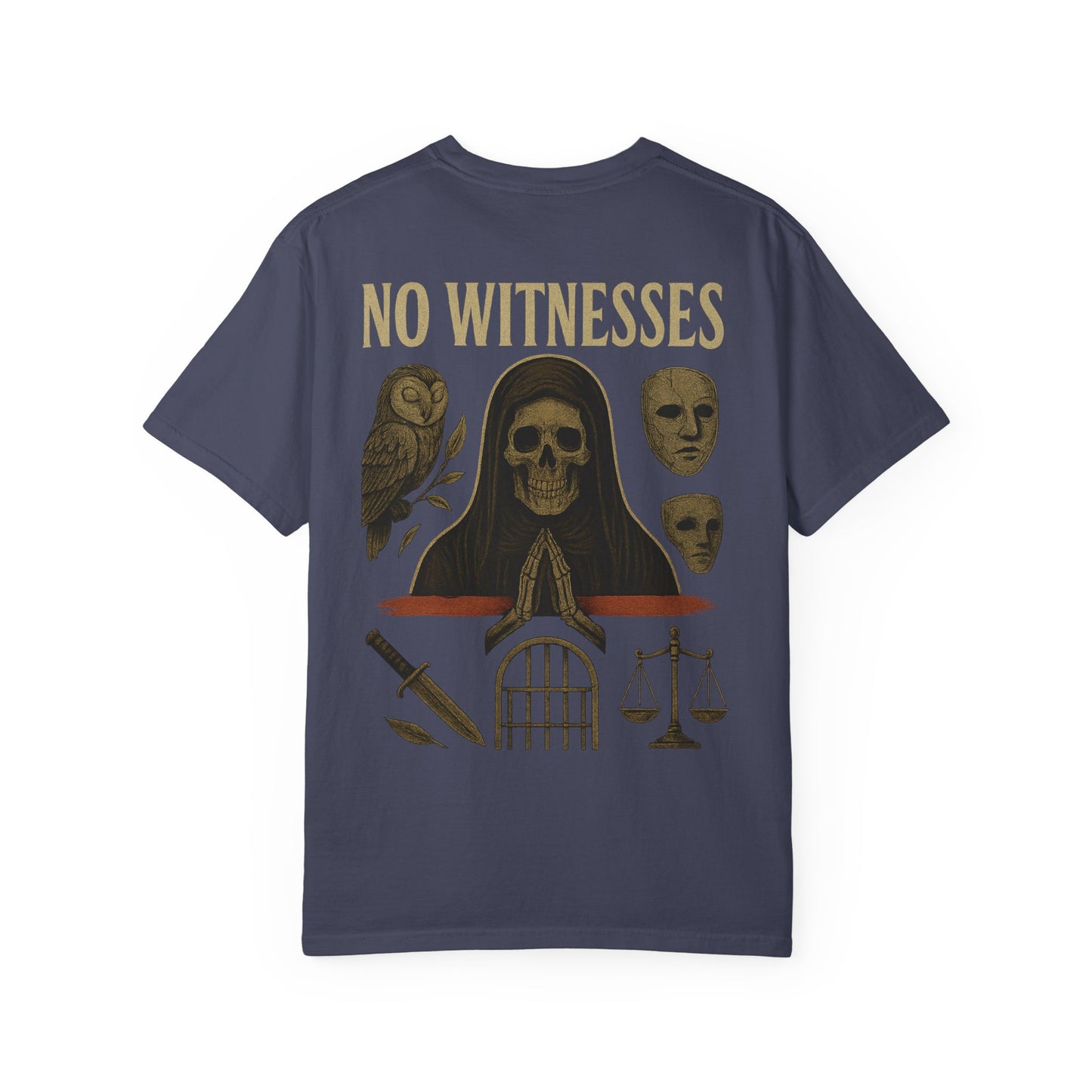 No Witnesses Graphic T-Shirt — 'Supa' Chest Logo, Gothic Skull Back Art