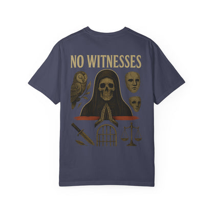 No Witnesses Graphic T-Shirt — 'Supa' Chest Logo, Gothic Skull Back Art