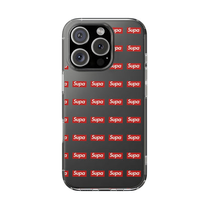Clear Impact-Resistant Phone Case — Red "Supa" Logo Pattern