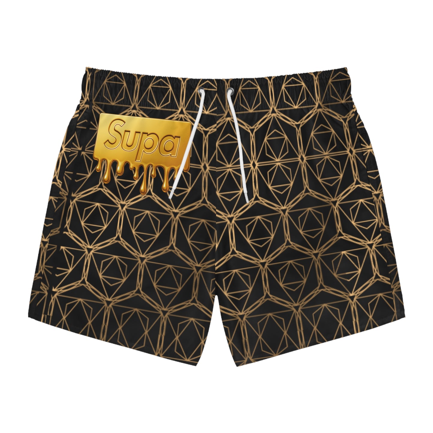 Gold Geometric Swim Trunks — Black & Metallic Patterned Swim Shorts