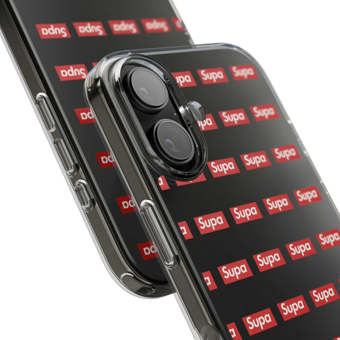 Clear Impact-Resistant Phone Case — Red "Supa" Logo Pattern