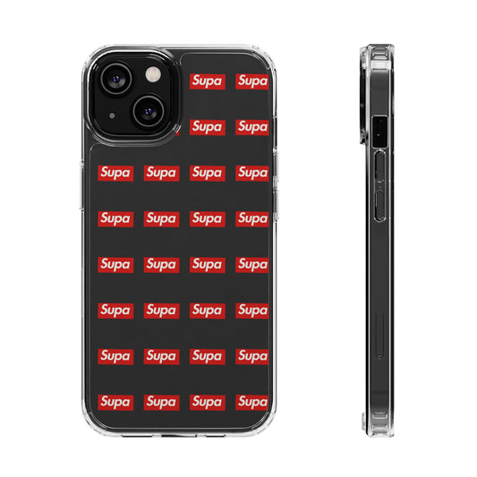 Clear Impact-Resistant Phone Case — Red "Supa" Logo Pattern