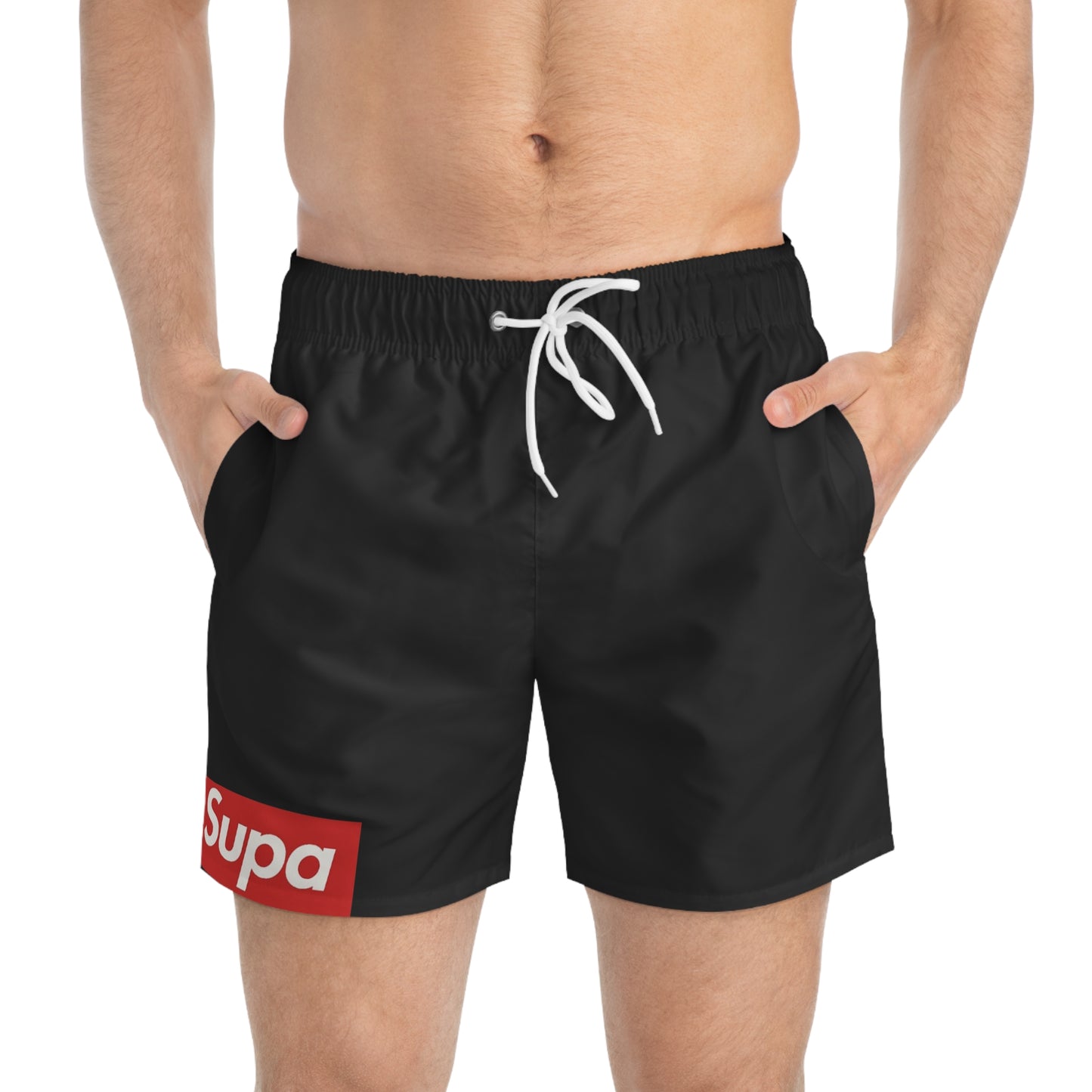 Swim Trunks — Black 'Supa' Logo Stylish Beach Shorts