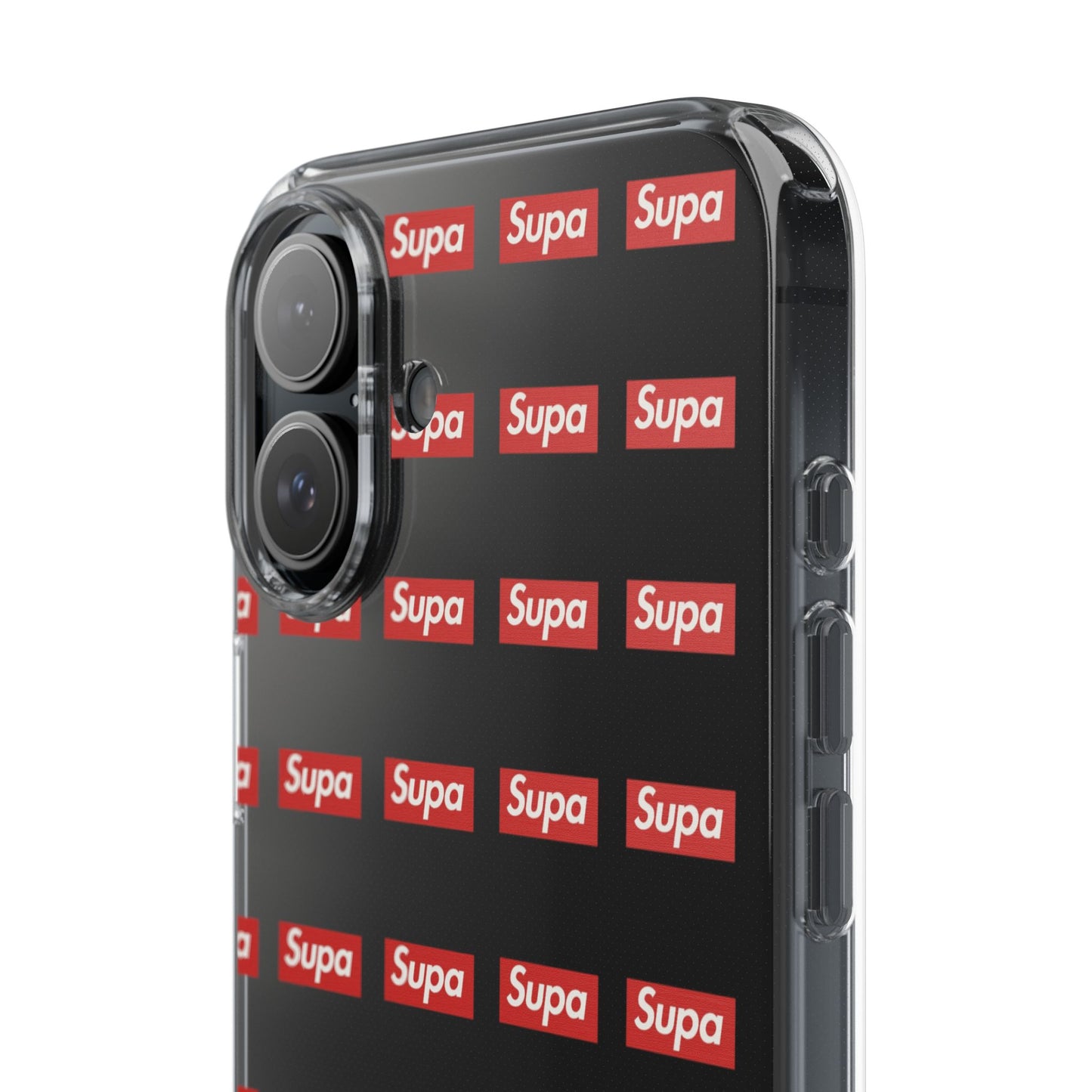 Clear Impact-Resistant Phone Case — Red "Supa" Logo Pattern