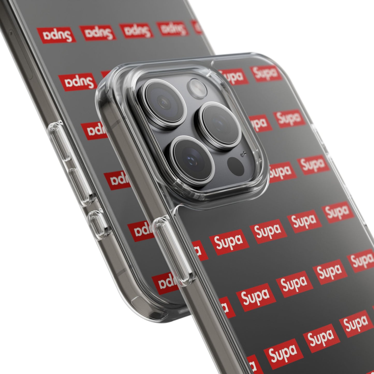 Clear Impact-Resistant Phone Case — Red "Supa" Logo Pattern