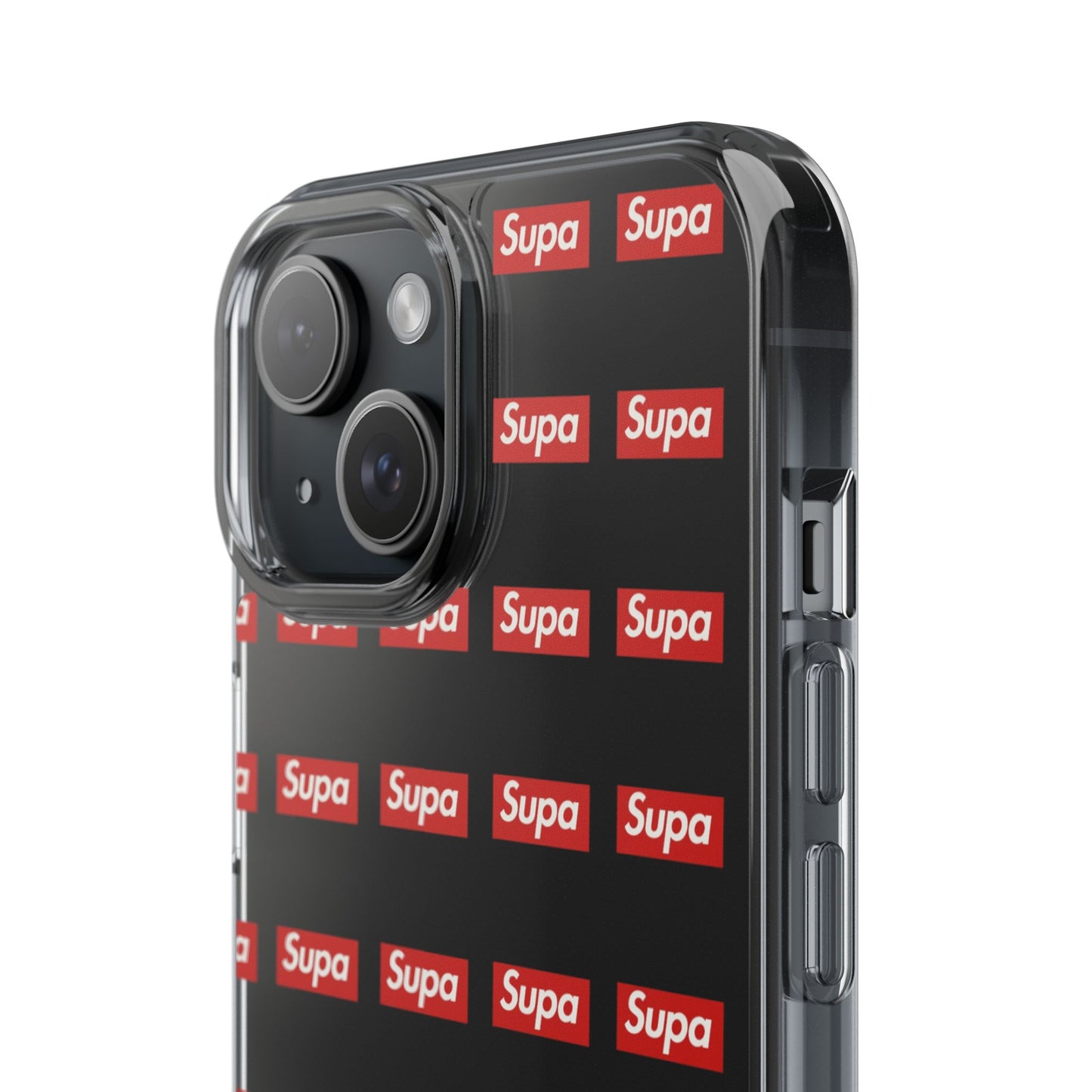 Clear Impact-Resistant Phone Case — Red "Supa" Logo Pattern