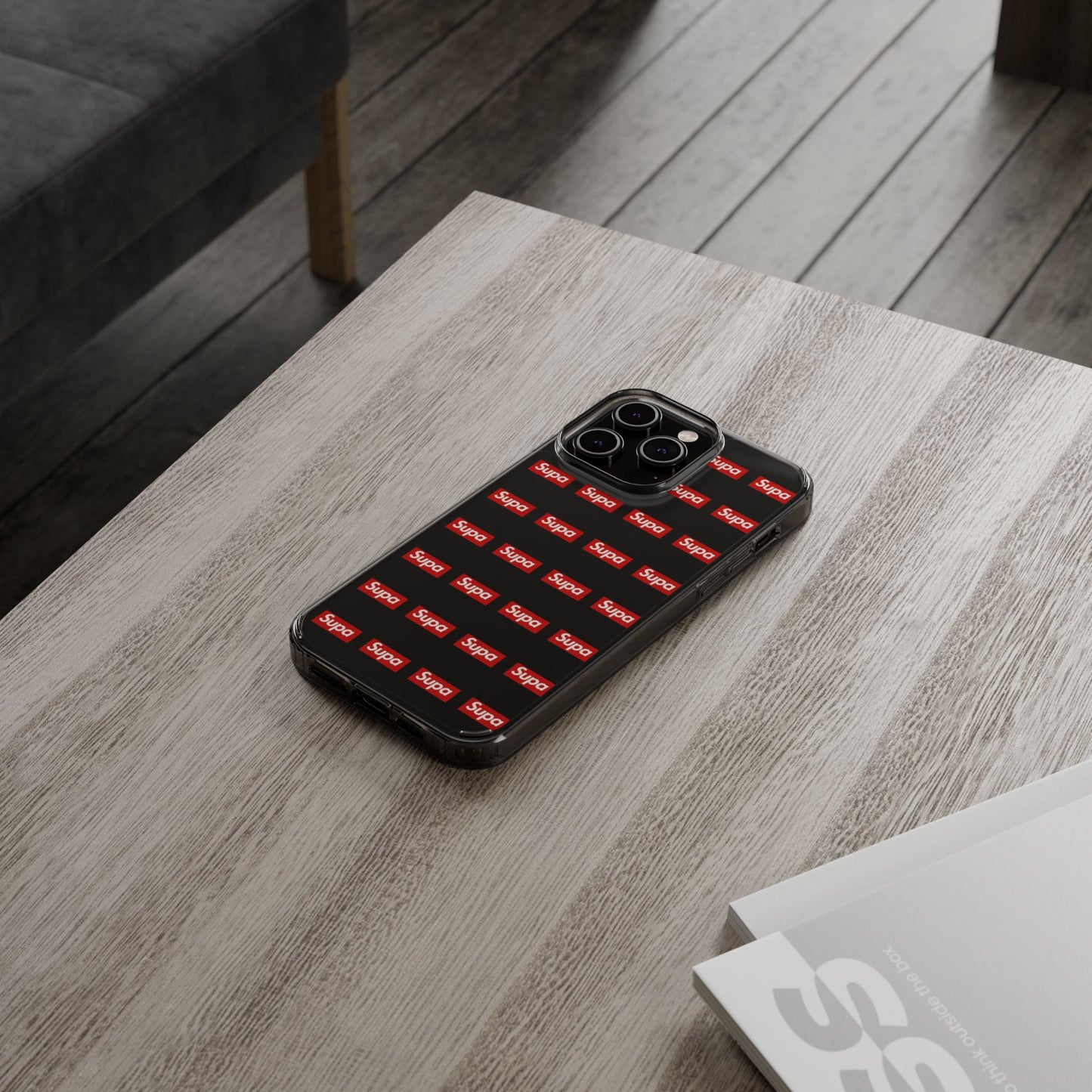 Clear Impact-Resistant Phone Case — Red "Supa" Logo Pattern