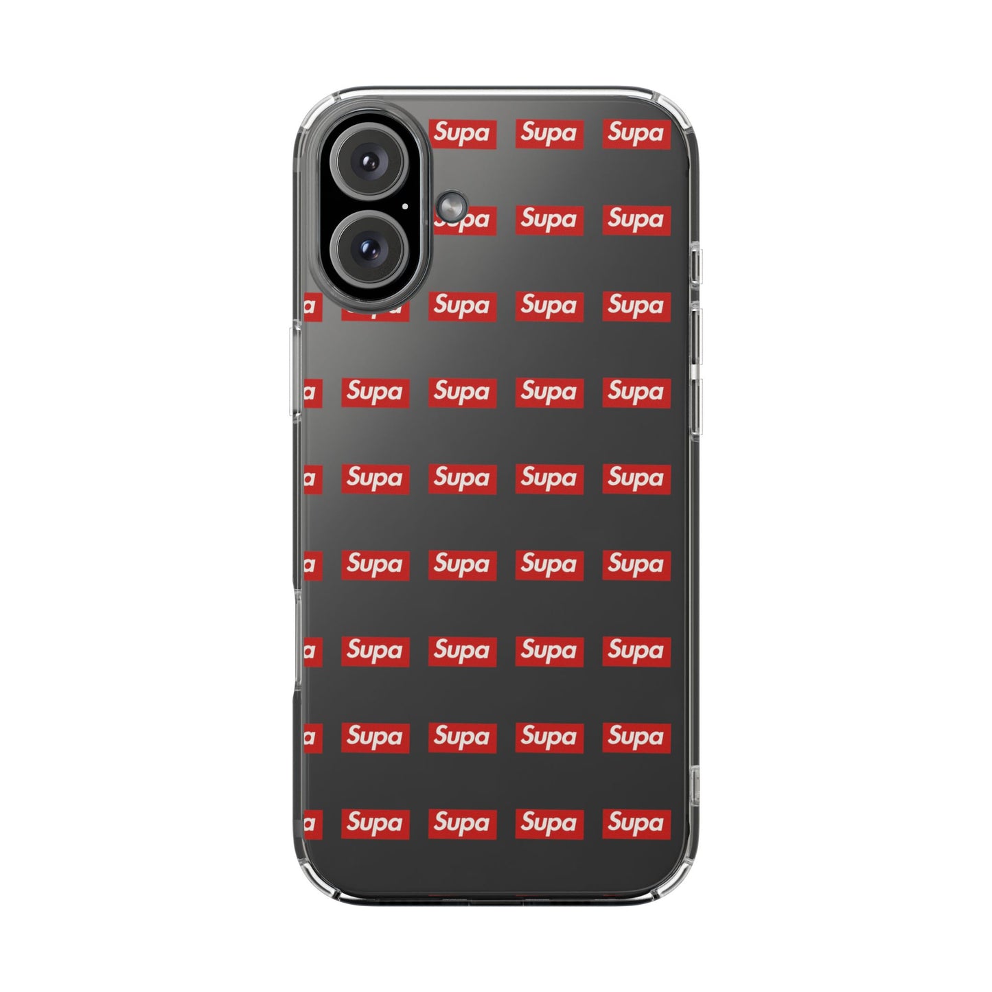 Clear Impact-Resistant Phone Case — Red "Supa" Logo Pattern