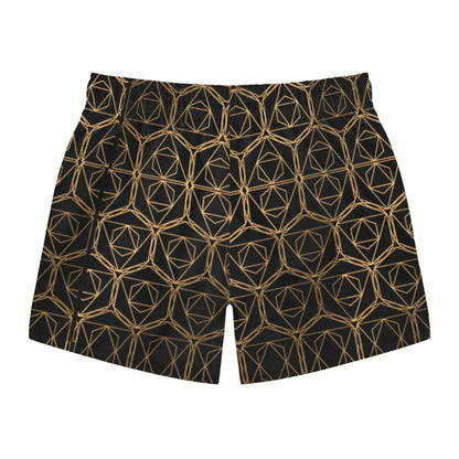 Gold Geometric Swim Trunks — Black & Metallic Patterned Swim Shorts