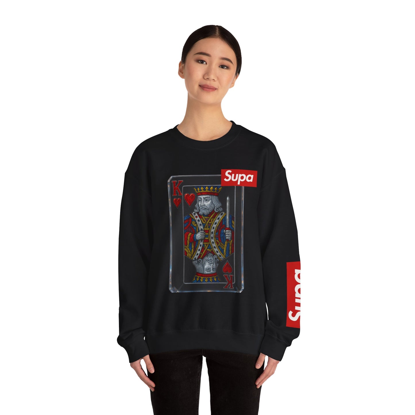 King of Hearts Crewneck Sweatshirt — 'Supa' Card Graphic with Crowned Ruby Heart