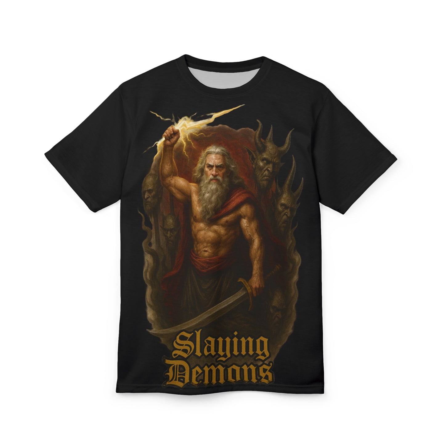 Slaying Demons Graphic Tee — Vintage Mythic Warrior T-Shirt