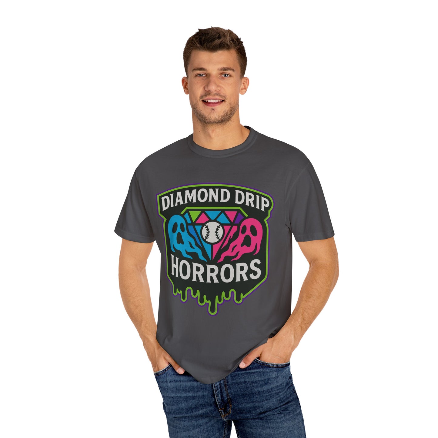 Diamond Drip Horrors T-Shirt — Retro Baseball Horror Graphic Tee
