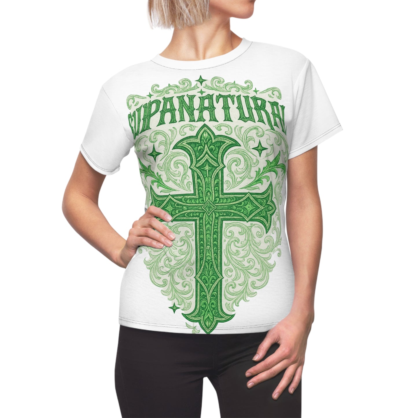 Women's Graphic Tee – 'Supernatural' Green Cross Design