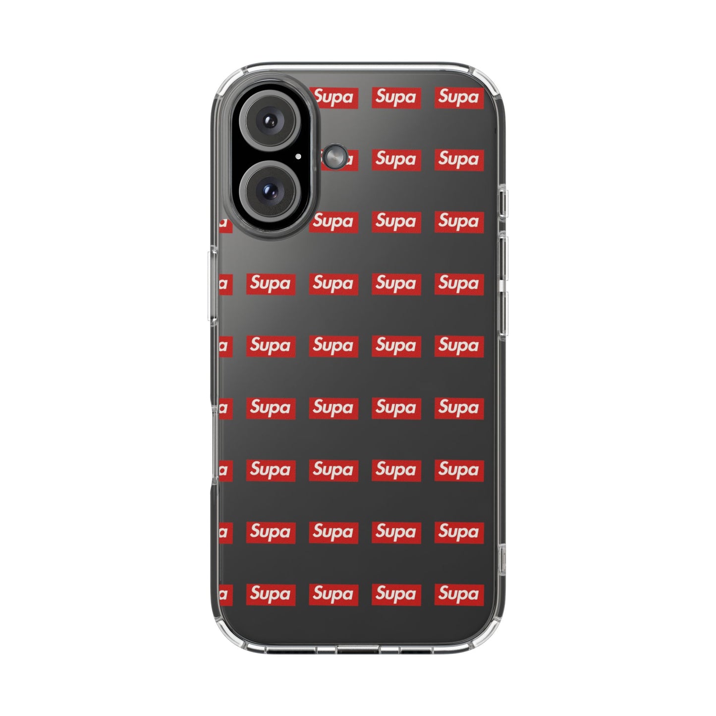 Clear Impact-Resistant Phone Case — Red "Supa" Logo Pattern