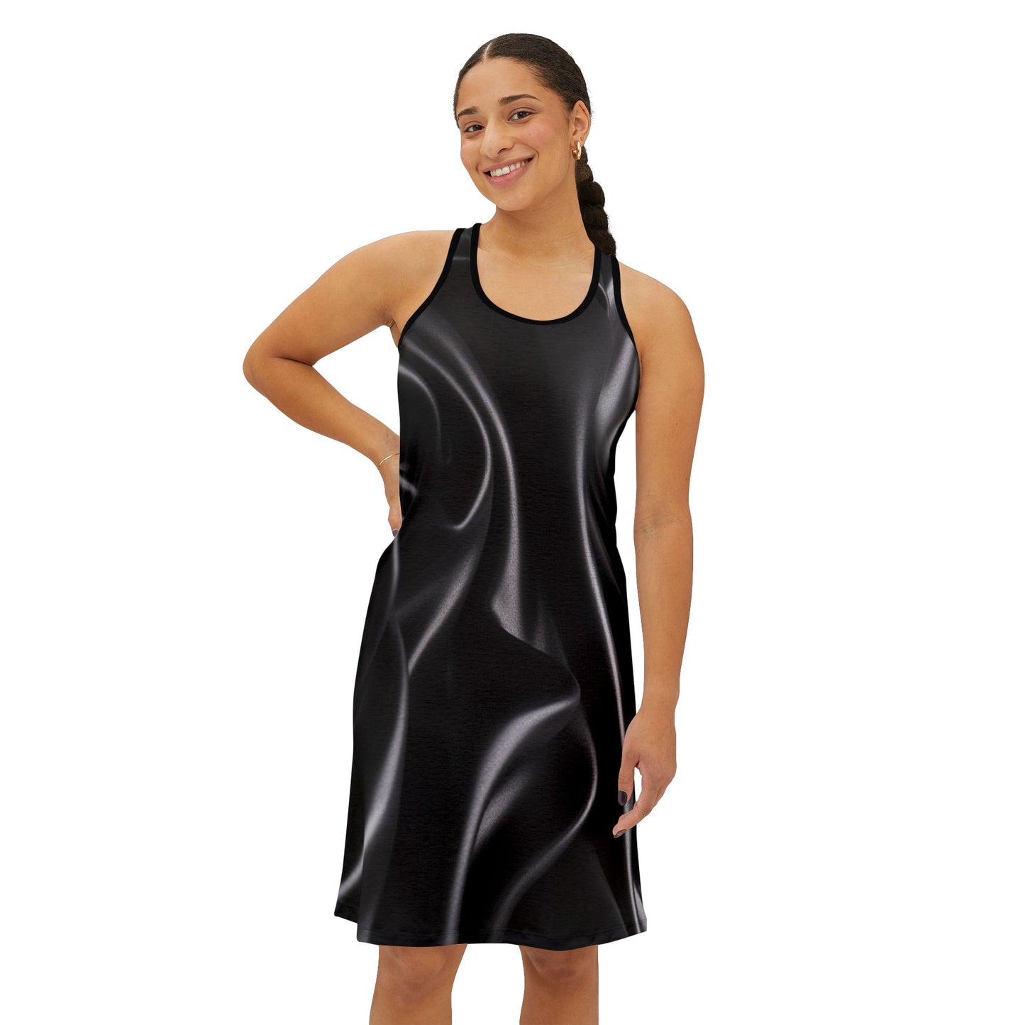 Satin-Effect Racerback Dress — Black Liquid Silk Print