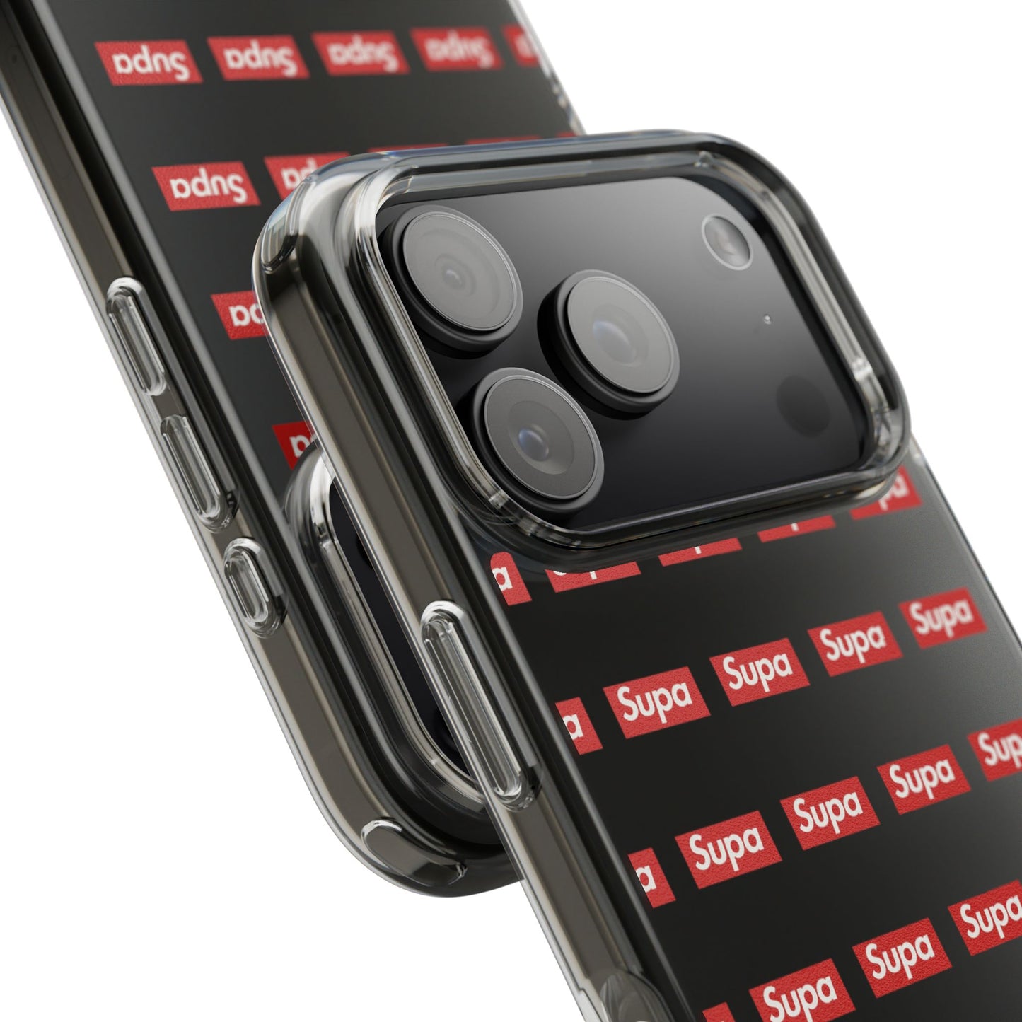 Clear Impact-Resistant Phone Case — Red "Supa" Logo Pattern