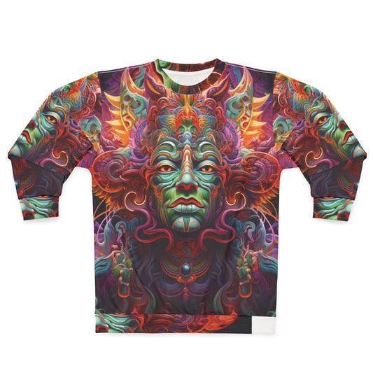 Psychedelic Tribal Spirit Sweatshirt – Vibrant Mystic Face All-Over Print