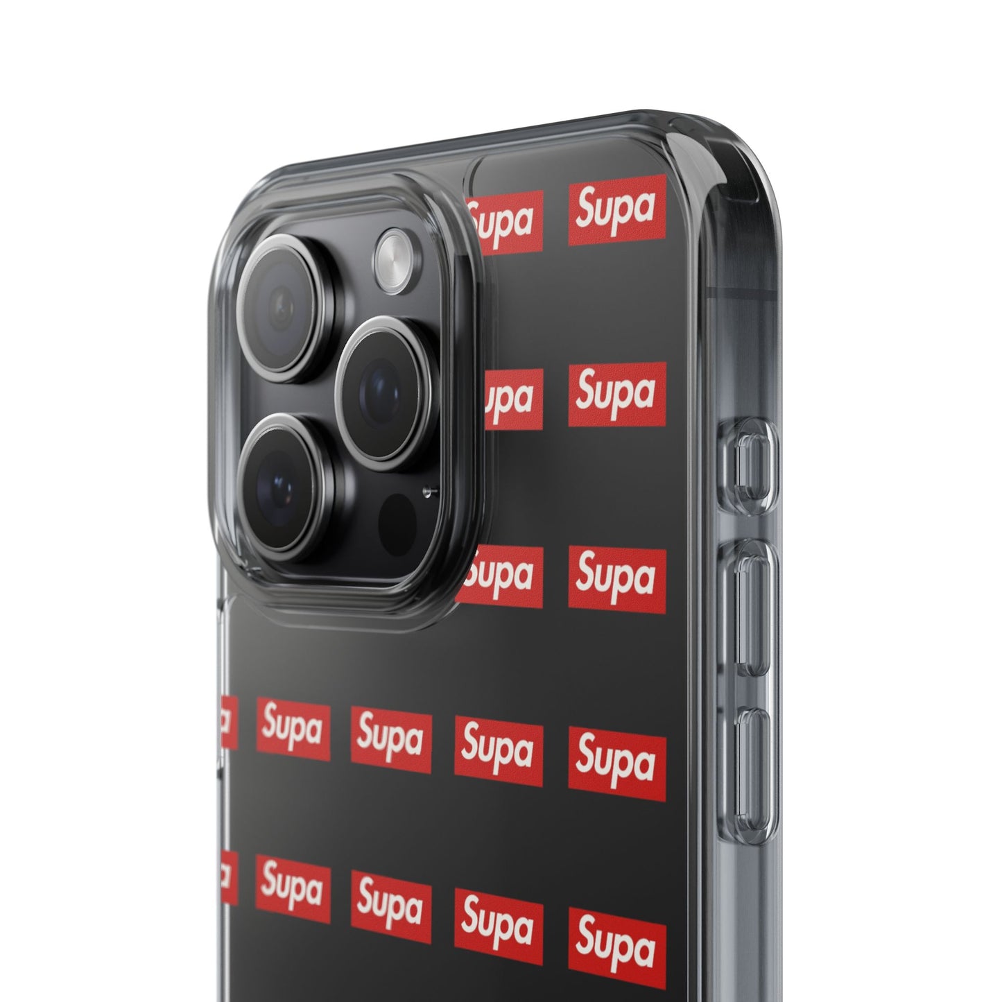 Clear Impact-Resistant Phone Case — Red "Supa" Logo Pattern