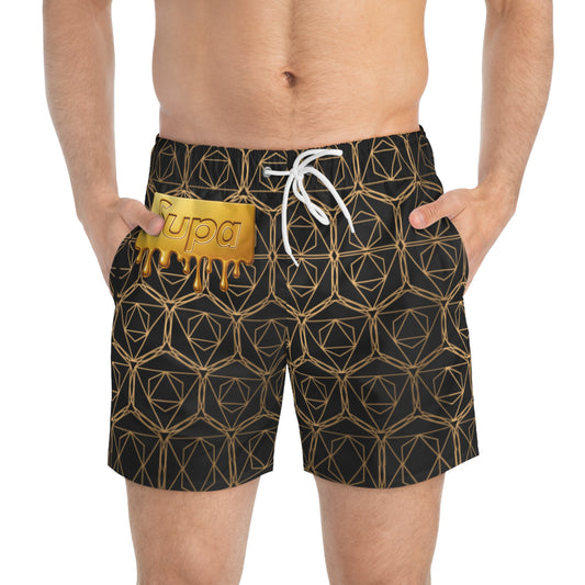 Gold Geometric Swim Trunks — Black & Metallic Patterned Swim Shorts
