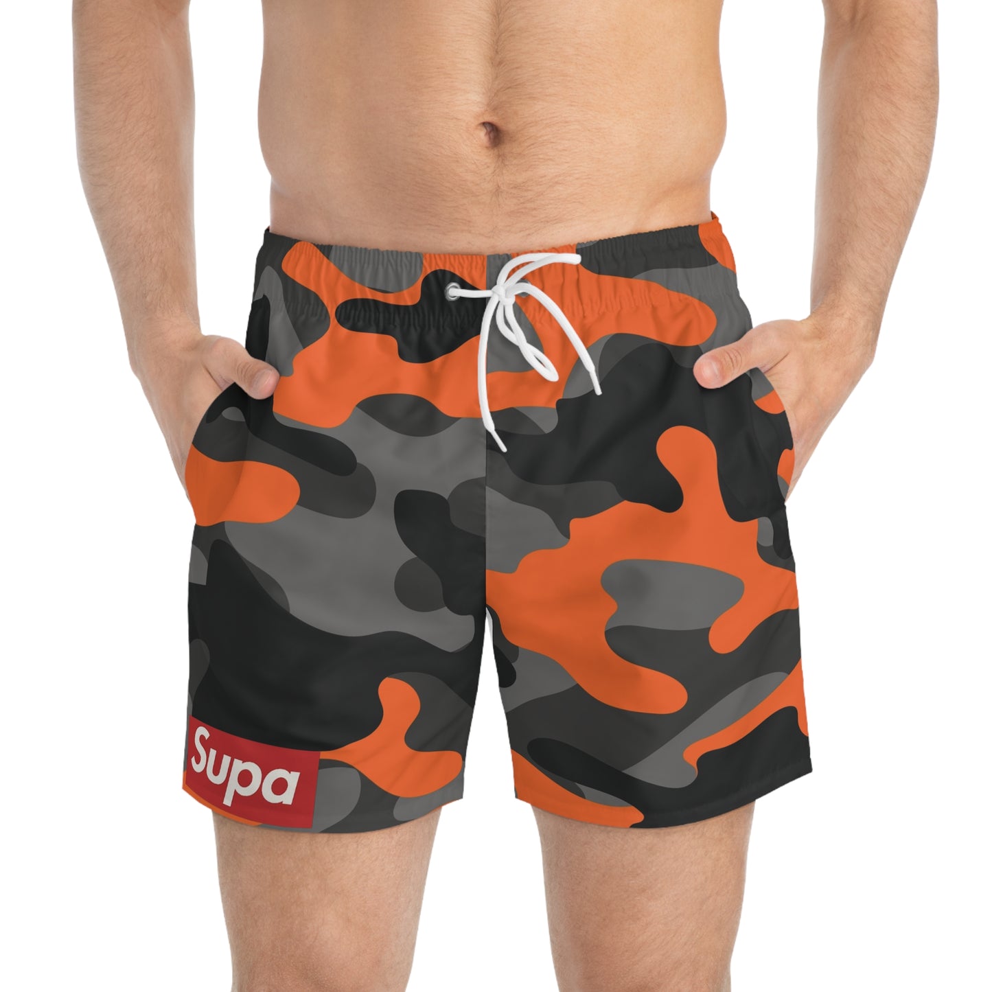 Camo Swim Trunks — Orange & Gray All-Over Print