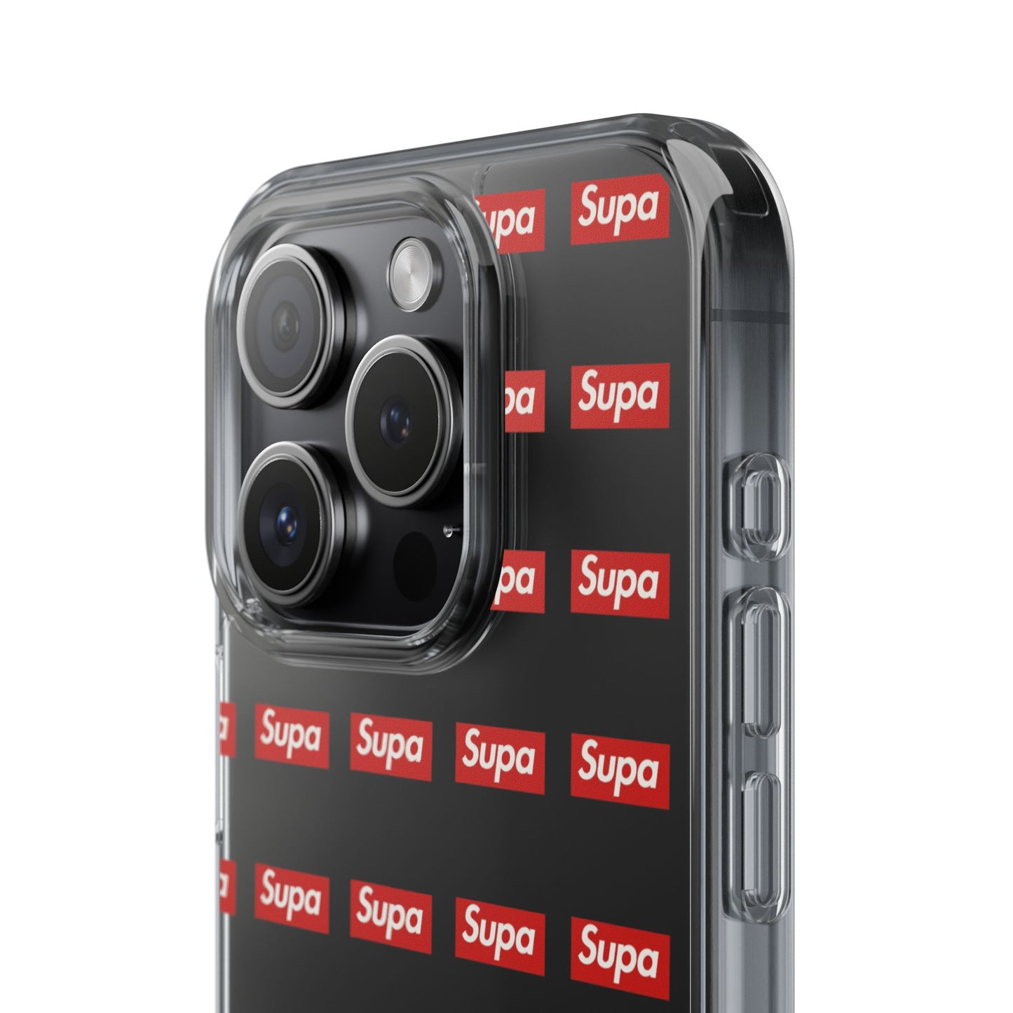 Clear Impact-Resistant Phone Case — Red "Supa" Logo Pattern