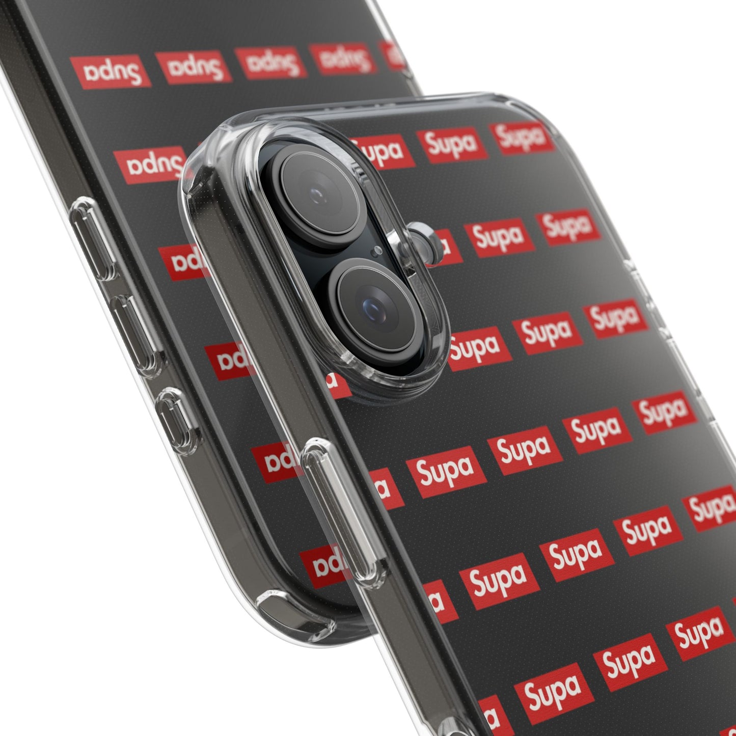 Clear Impact-Resistant Phone Case — Red "Supa" Logo Pattern
