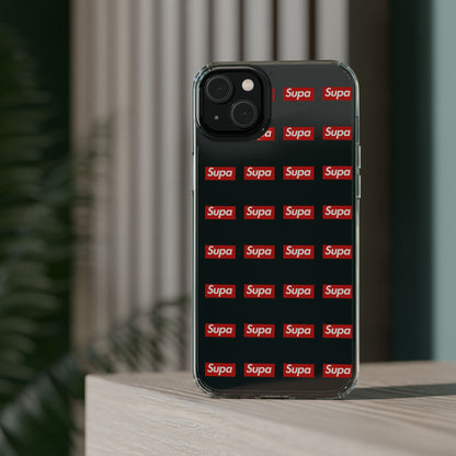 Clear Impact-Resistant Phone Case — Red "Supa" Logo Pattern