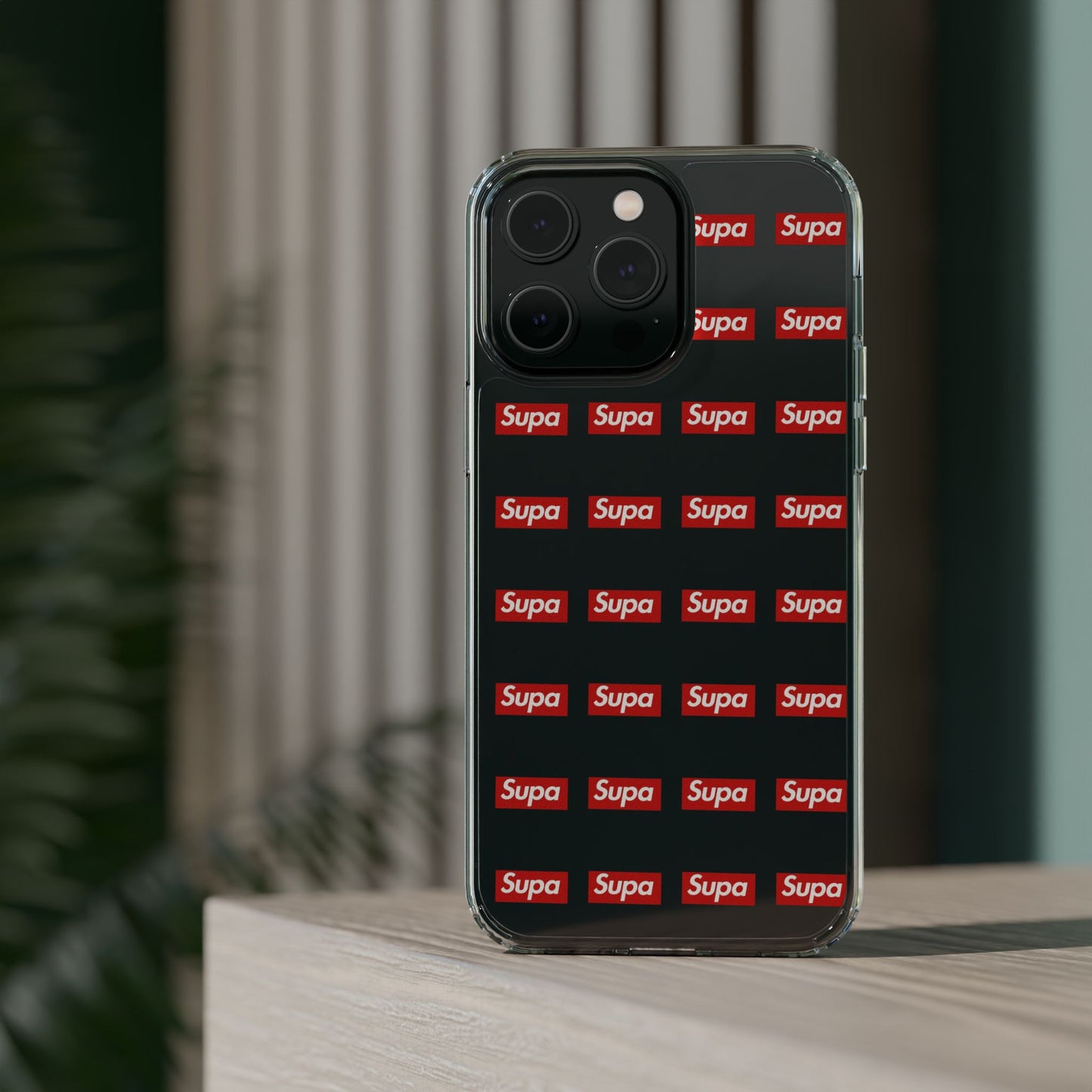 Clear Impact-Resistant Phone Case — Red "Supa" Logo Pattern