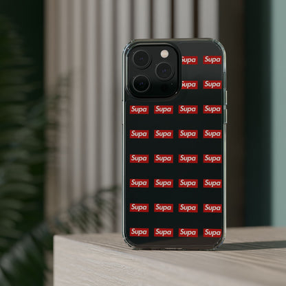 Clear Impact-Resistant Phone Case — Red "Supa" Logo Pattern
