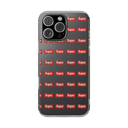 Clear Impact-Resistant Phone Case — Red "Supa" Logo Pattern