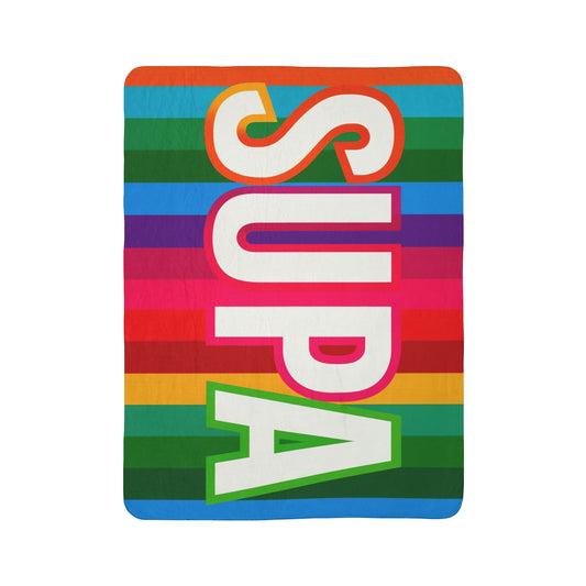 Supa Colorful Striped Fleece Sherpa Blanket — Bold Rainbow 'SUPA' Cozy Throw