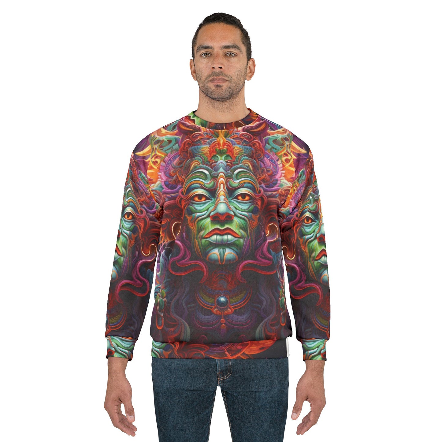 Psychedelic Tribal Spirit Sweatshirt – Vibrant Mystic Face All-Over Print