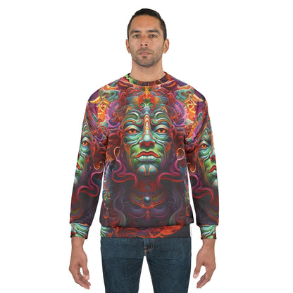 Psychedelic Tribal Spirit Sweatshirt – Vibrant Mystic Face All-Over Print